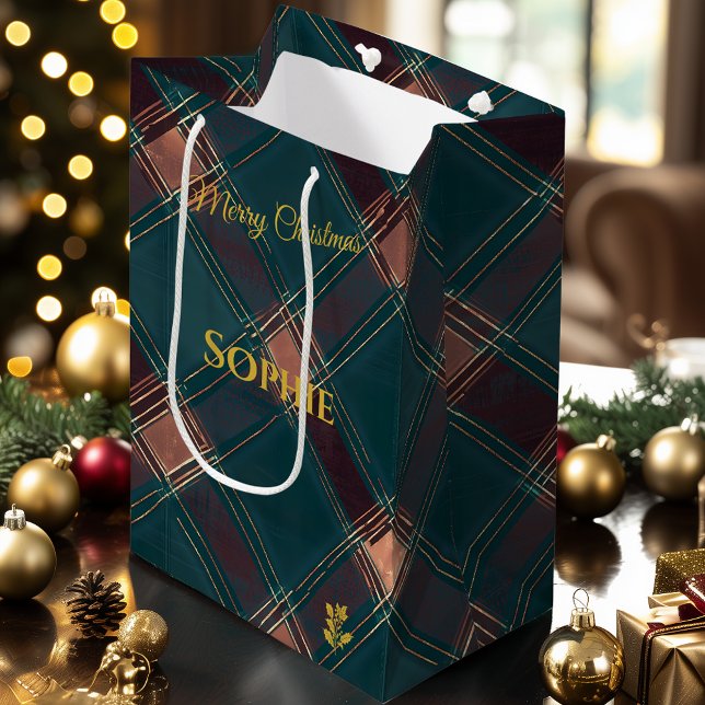 Teal, Burgundy, and Brown Plaid Christmas Custom Medium Gift Bag (Creator Uploaded)