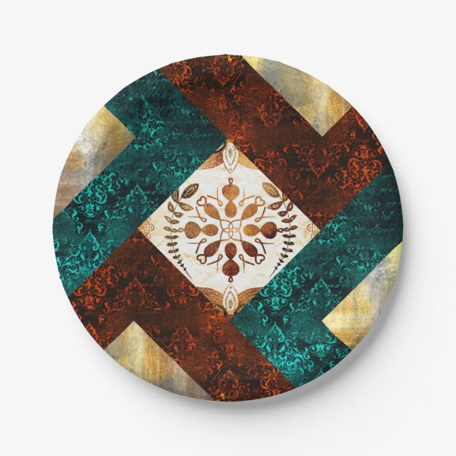 Teal, Burgundy and Gold Geometric Damask Paper Plate (Front)