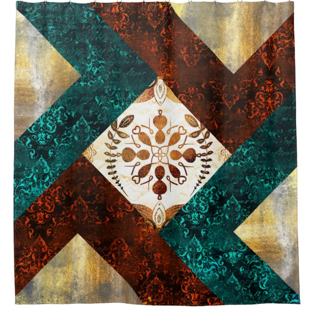 Teal, Burgundy and Gold Geometric Damask  Shower Curtain (Front)