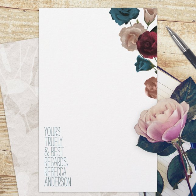 Teal, Burgundy, Beige Roses Personal Stationery (botanical rose garden burgundy teal roses budget personalized letter writing stationary paper sheets)