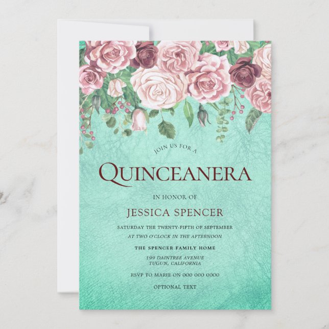 Teal Burgundy & Blush Quinceanera Party Invite (Front)