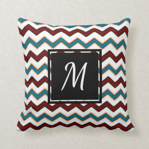 Teal Burgundy Chevron Monogram Chic Throw Pillow