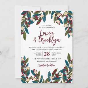 Teal & Burgundy Floral Berry Twigs Wedding Invitation