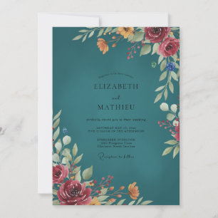 Teal Burgundy Foliage Eucalyptus Wedding Invitation