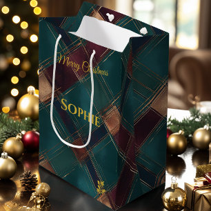 Teal, Burgundy, & Gold Crisscross Plaid Christmas Medium Gift Bag