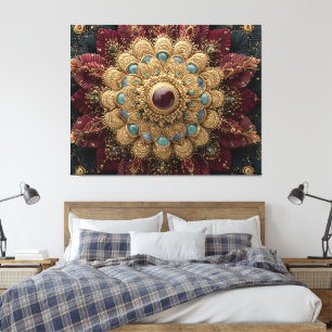 Teal Burgundy Gold Jeweled Mandala Ornate Canvas Print