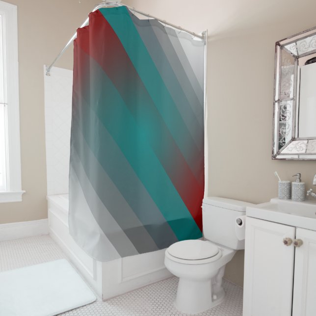 teal burgundy gray stripes shower curtain (In Situ)