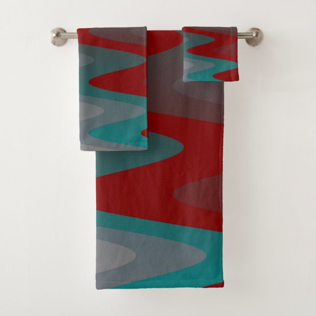teal burgundy gray waves bath towel set (Insitu)