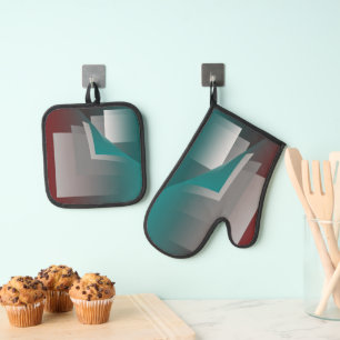 Teal burgundy grey pages oven mitt & pot holder set