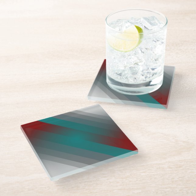 teal burgundy grey stripes glass coaster (Angled)