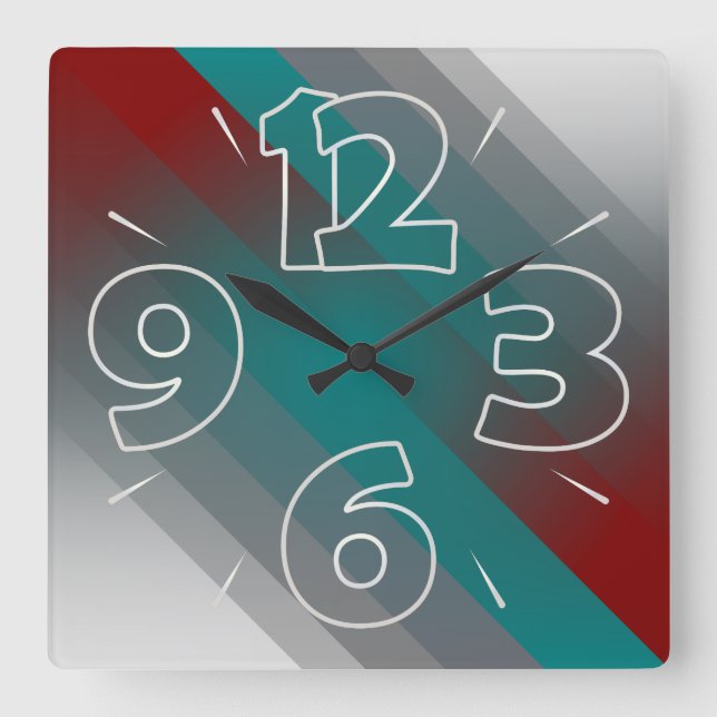 teal burgundy grey stripes square wall clock (Front)