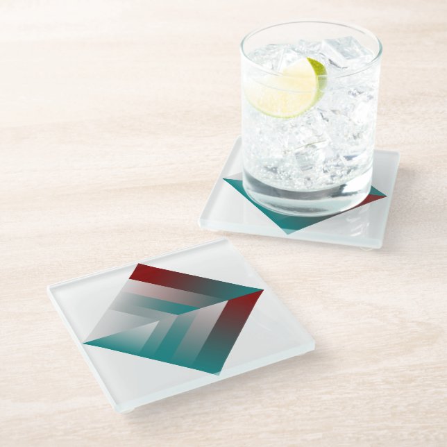 teal burgundy grey triangles glass coaster (Angled)