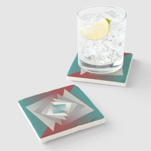 Teal Burgundy Grey Triangles Stone Coaster