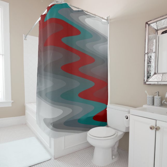 teal burgundy grey waves shower curtain (In Situ)