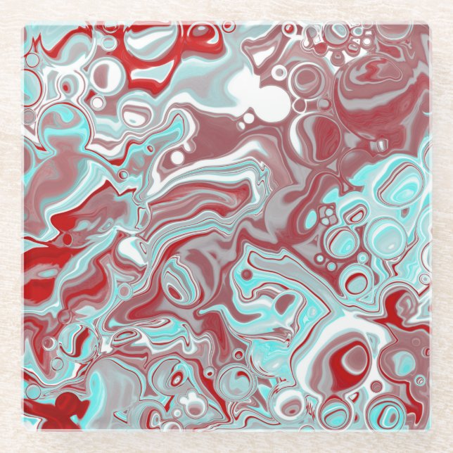 Teal, Burgundy, Red and White Marble Swirls   Glass Coaster (Front)