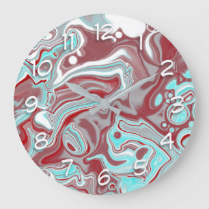 Teal, Burgundy, Red and White Marble Swirls Large Clock