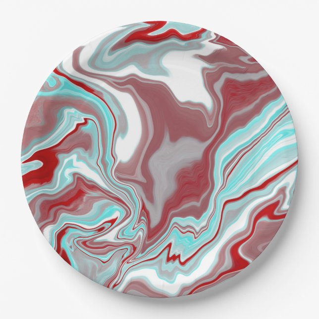 Teal, Burgundy, Red and White Marble Swirls   Paper Plate (Front)