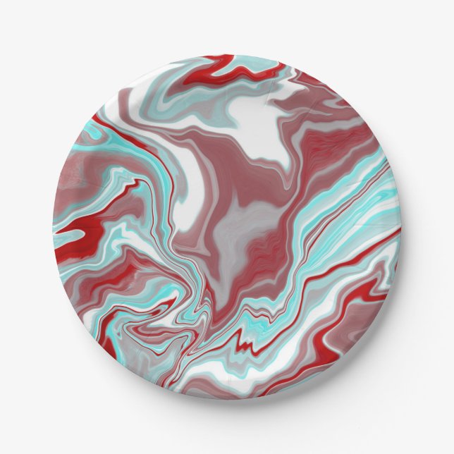 Teal, Burgundy, Red and White Marble Swirls   Paper Plate (Front)