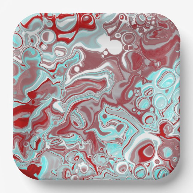 Teal, Burgundy, Red and White Marble Swirls   Paper Plate (Front)