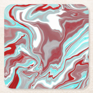 Teal, Burgundy, Red and White Marble Swirls     Square Paper Coaster