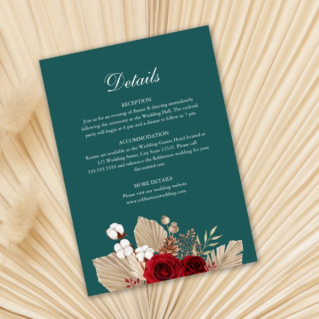 Teal Burgundy Roses Wedding Details Card (Teal and Burgundy Wedding Detail Card template on dry palm leaf.)