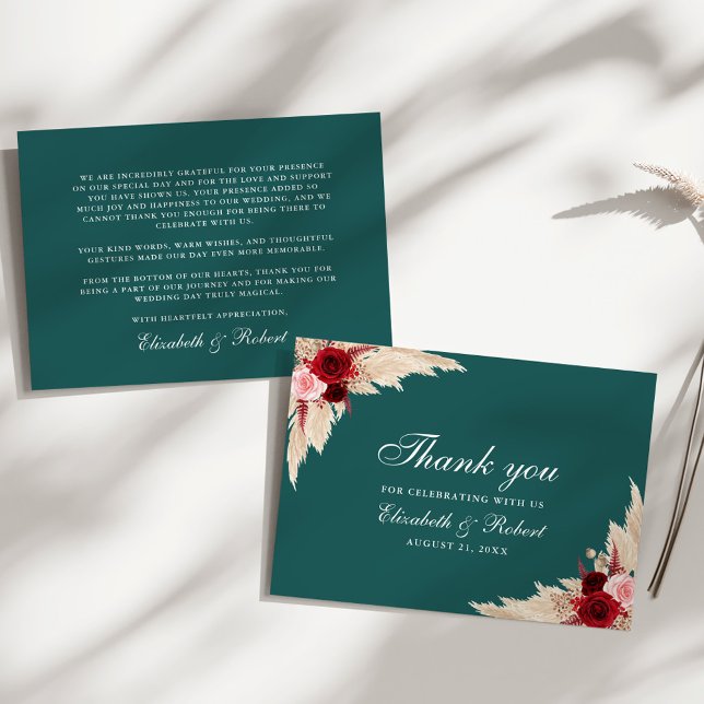 Teal Burgundy Roses Wedding Thank You Card (Teal Burgundy Roses Wedding Thank You Card on a sunny white table.)