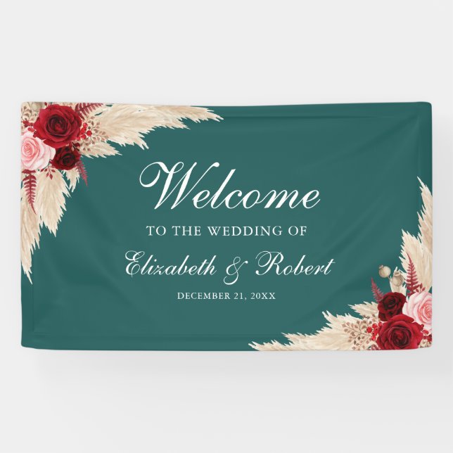 Teal Burgundy Roses Welcome Wedding Banner (Horizontal)