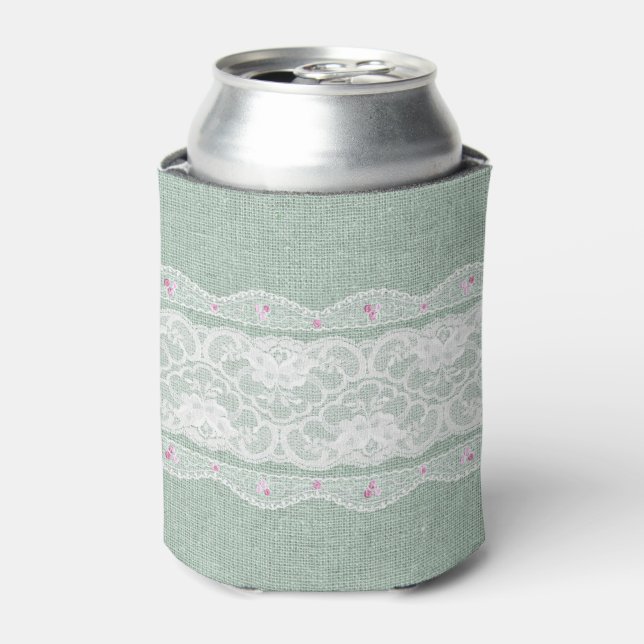 Teal Burlap and Lace Can Cooler (Can Front)