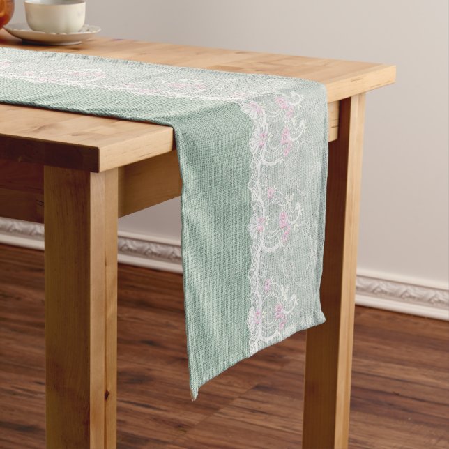 Teal Burlap and White Lace Table Runner (In Situ)