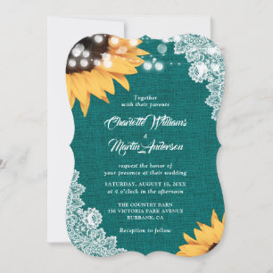 Teal Burlap Lace Sunflower Wedding Invitations