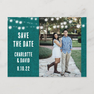 Teal Burlap Rustic Wedding Photo Save The Date Announcement Postcard