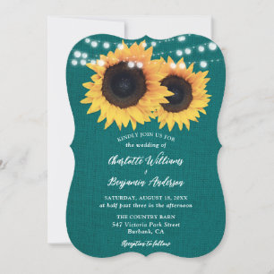 Teal Burlap String Lights Sunflower Wedding Invitation