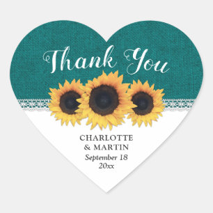 Teal Burlap Sunflower Wedding Thank You Heart Sticker