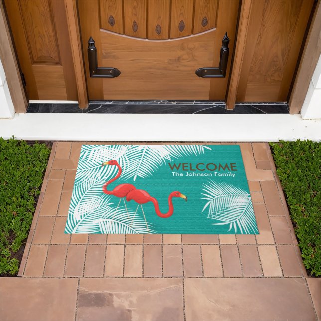 Teal Burlap with Pink Flamingos Doormat (Outdoor)