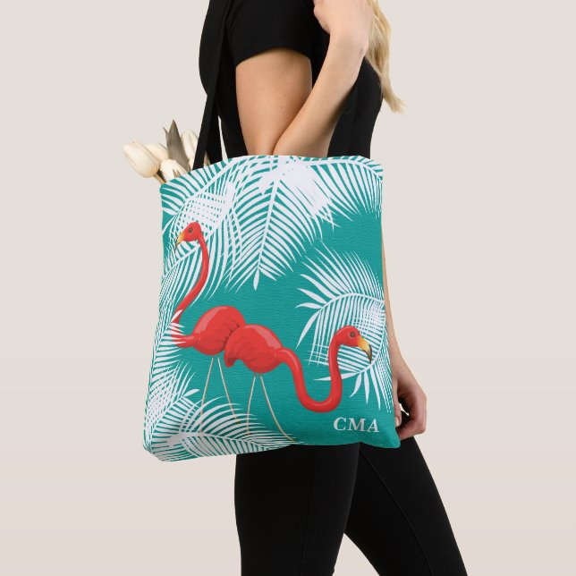 Teal Burlap with Pink Flamingos Tote Bag (Close Up)