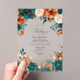 Teal, Burnt Orange & Champagne Floral Wedding Acrylic Invitations