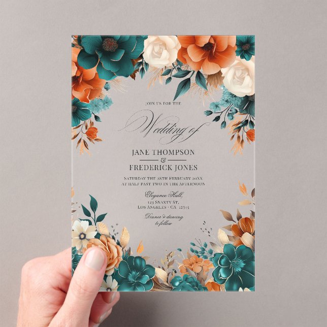 Teal, Burnt Orange & Champagne Floral Wedding Acrylic Invitations (Insitu (Handheld))