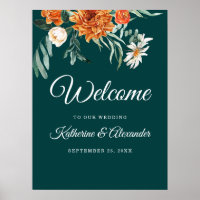 Teal Burnt Orange Elegant Floral Welcome Wedding 