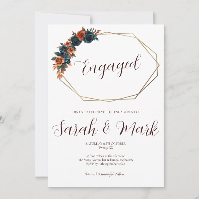 Teal Burnt Orange Engagement Invitation Template (Front)