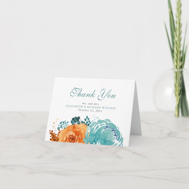 Teal Burnt Orange Fall Floral Thank You Card (Front)