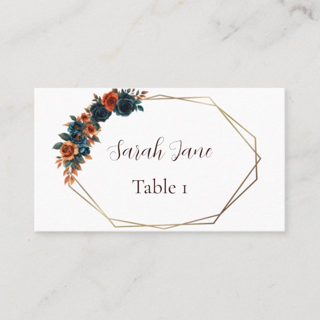 Teal & Burnt Orange Flat Wedding Place Card (Front)