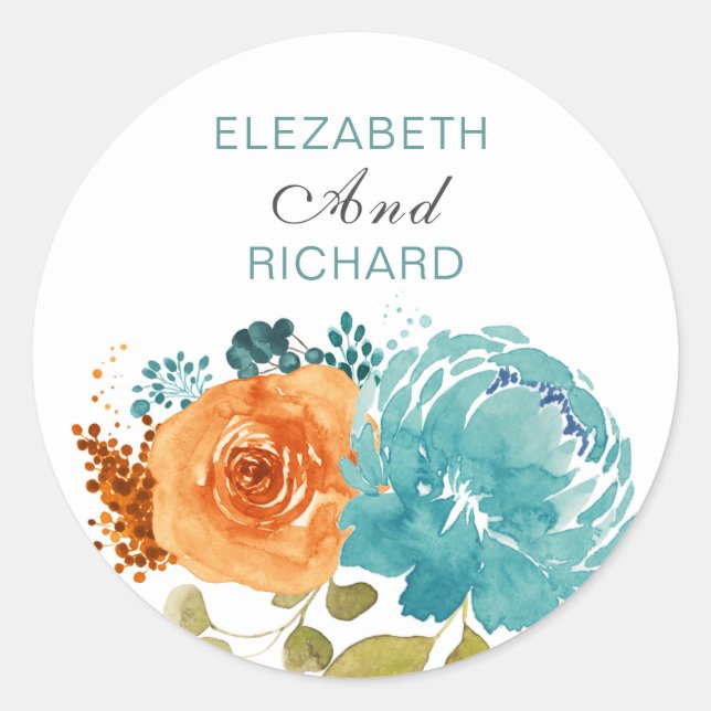 Teal Burnt Orange Floral Boho Classic Round Sticker (Front)