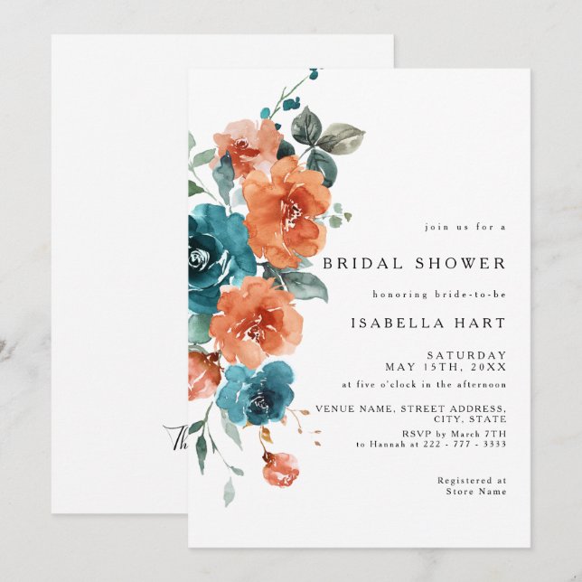 Teal Burnt Orange Floral Bridal Shower Invitation (Front/Back)
