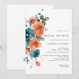 Teal Burnt Orange Floral Bridal Shower Invitation