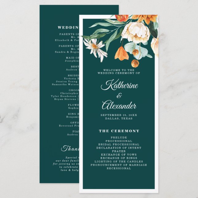 Teal Burnt Orange Floral Elegant Script Wedding Programme (Front/Back)