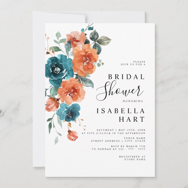 Teal Burnt Orange Floral Rustic Bridal Shower Invitation (Front)