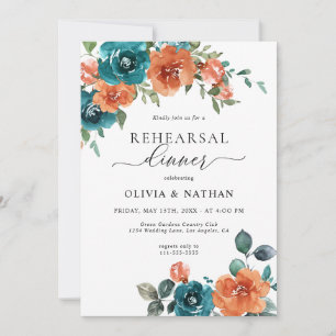 Teal Burnt Orange Flowers Rustic Rehearsal Dinner Invitation