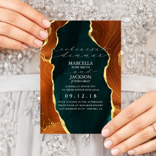 Teal, Burnt Orange & Gold Agate Rehearsal Dinner Invitation