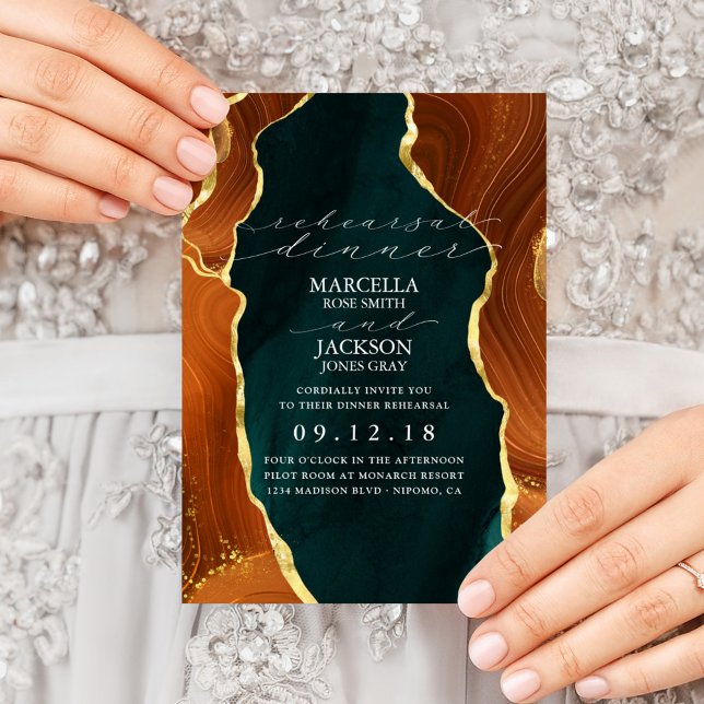 Teal, Burnt Orange & Gold Agate Rehearsal Dinner Invitation (Creator Uploaded)