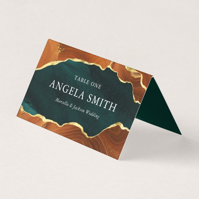 Teal, Burnt Orange & Gold Agate Wedding Place Card (Front)